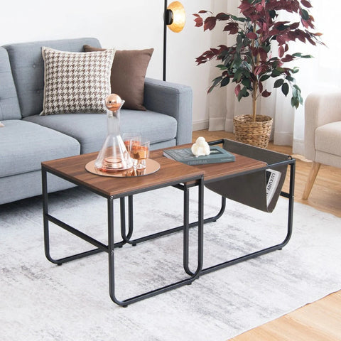 Compact and Spacious 2 Piece Coffee Table with Modern Industrial Design in Brown