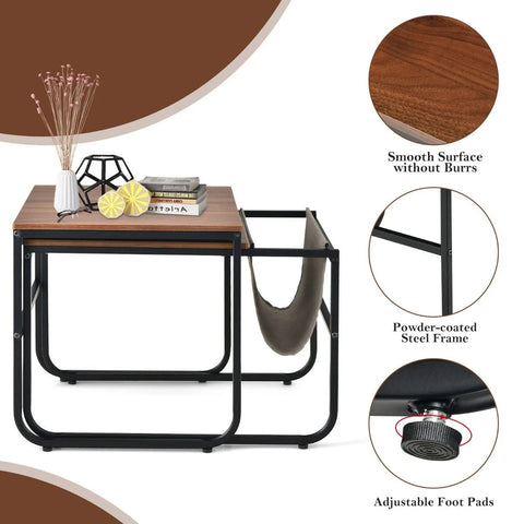 Compact and Spacious 2 Piece Coffee Table with Modern Industrial Design in Brown