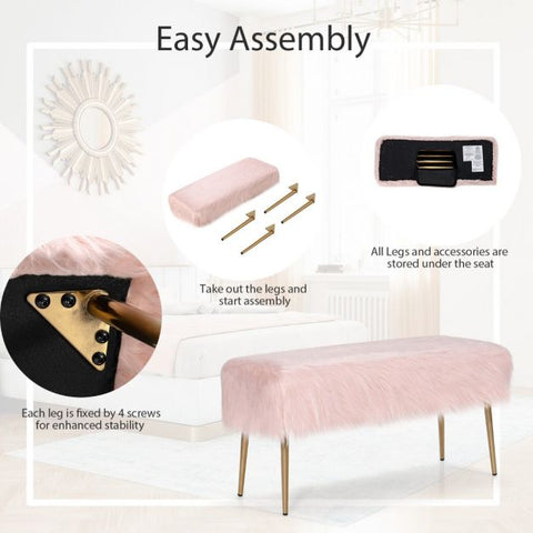 Luxury Feather Feel Long Footstool with Golden Legs in Pink