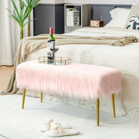 Luxury Feather Feel Long Footstool with Golden Legs in Pink