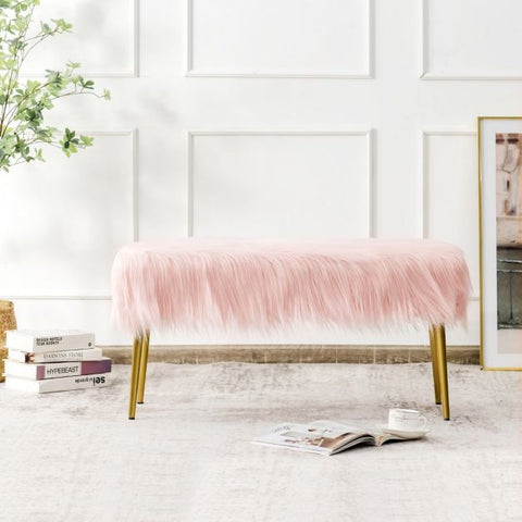 Luxury Feather Feel Long Footstool with Golden Legs in Pink