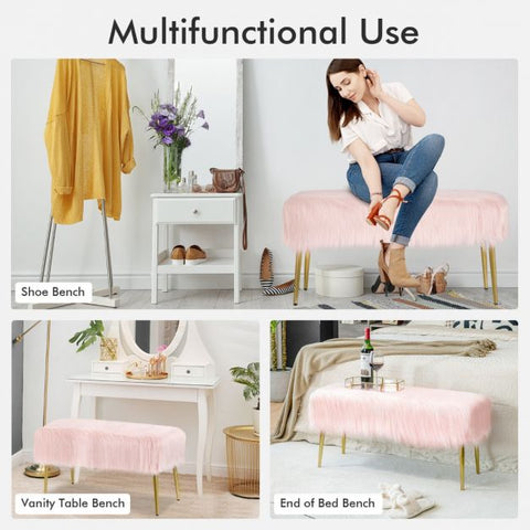 Luxury Feather Feel Long Footstool with Golden Legs in Pink