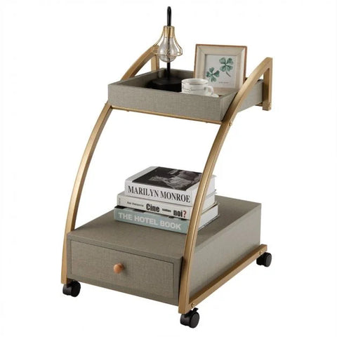 Stylish and Spacious Side Table with 2 Tiers and Wheels in Grey