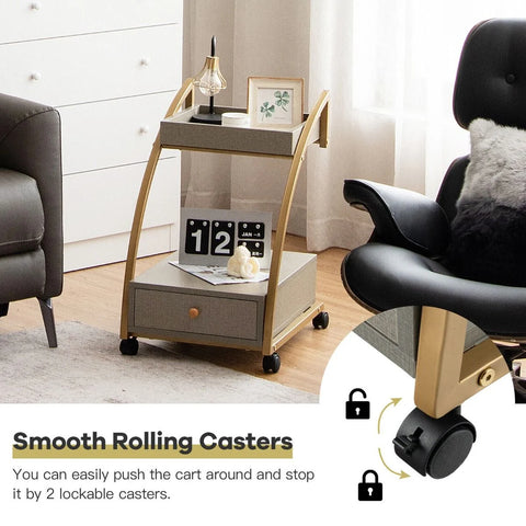 Stylish and Spacious Side Table with 2 Tiers and Wheels in Grey