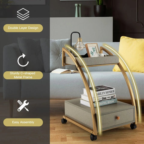 Stylish and Spacious Side Table with 2 Tiers and Wheels in Grey