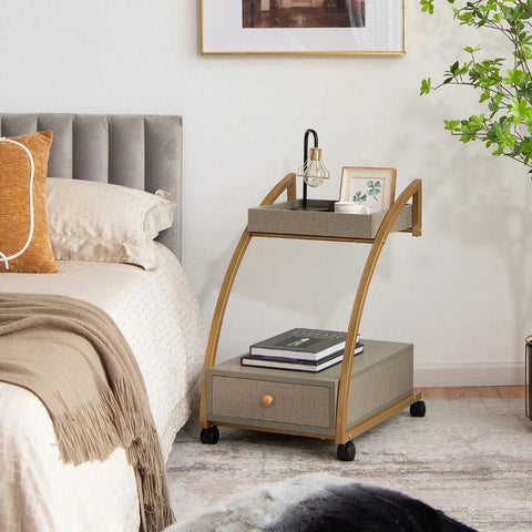 Stylish and Spacious Side Table with 2 Tiers and Wheels in Grey