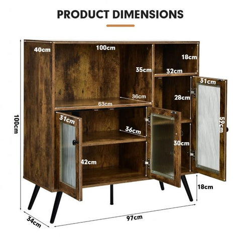 Rustic Style Spacious Kitchen Cabinet with Industrial Appeal and Tempered Glass Doors