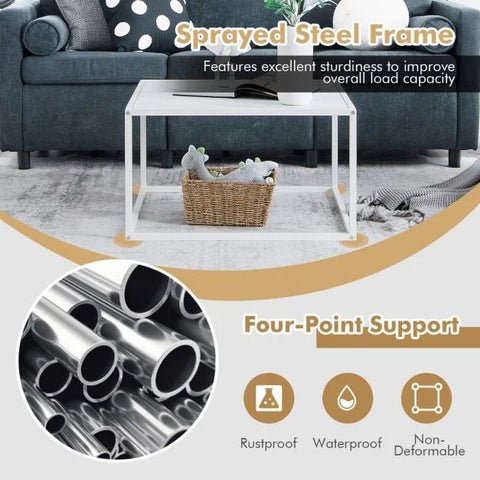 Stylish Faux Marble Coffee Table with Sturdy Metal Frame and Roomy Storage Area