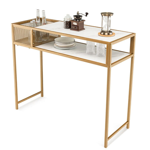 Stylish Entryway Console Table with Gold Steel Frame and Faux Marble Top