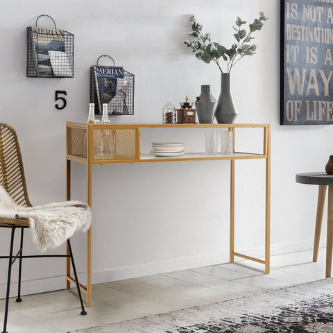 Stylish Entryway Console Table with Gold Steel Frame and Faux Marble Top