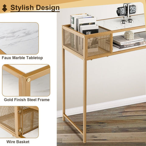 Stylish Entryway Console Table with Gold Steel Frame and Faux Marble Top