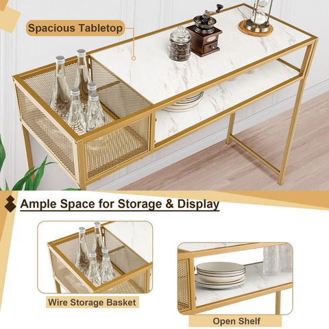 Stylish Entryway Console Table with Gold Steel Frame and Faux Marble Top