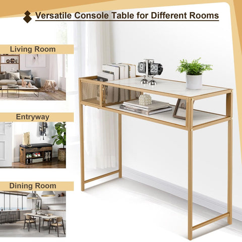 Stylish Entryway Console Table with Gold Steel Frame and Faux Marble Top