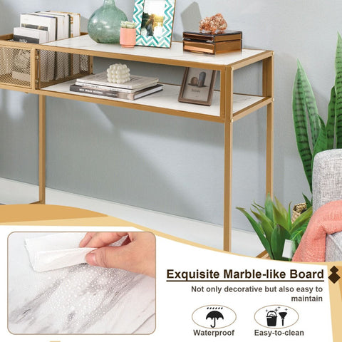 Stylish Entryway Console Table with Gold Steel Frame and Faux Marble Top