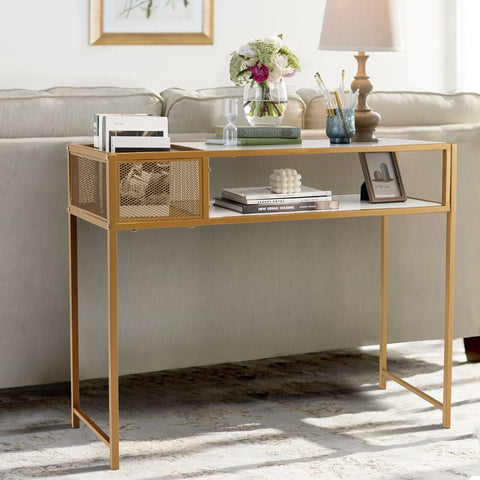 Stylish Entryway Console Table with Gold Steel Frame and Faux Marble Top