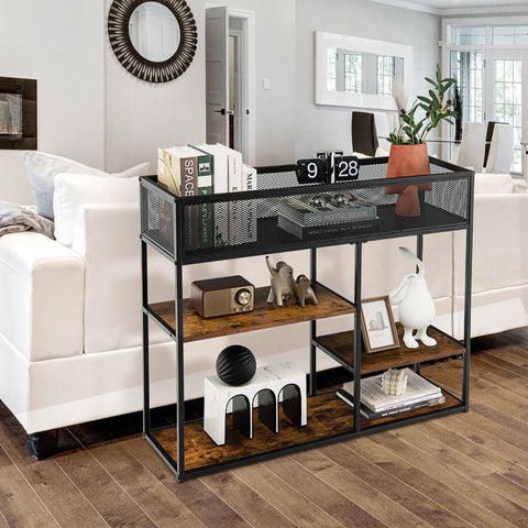 Modern Multi-Purpose Console Table with Wire Basket Design and Multiple Shelves