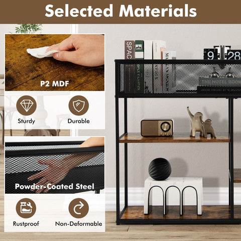 Modern Multi-Purpose Console Table with Wire Basket Design and Multiple Shelves