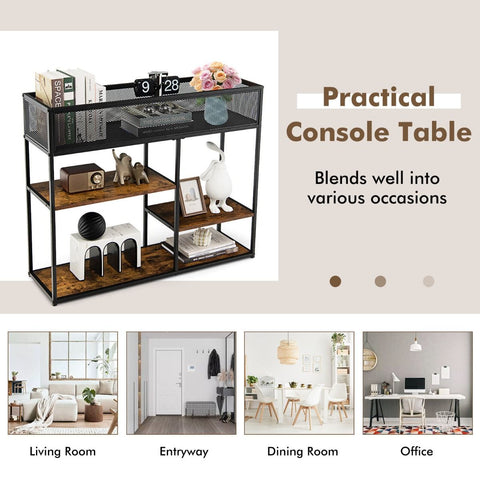 Modern Multi-Purpose Console Table with Wire Basket Design and Multiple Shelves