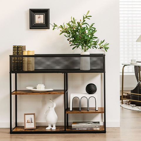 Modern Multi-Purpose Console Table with Wire Basket Design and Multiple Shelves