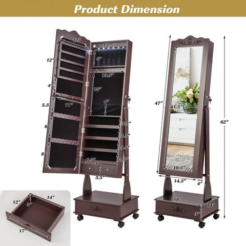 Moveable Standing Jewellery Mirror with Storages, Lock and LED Lights