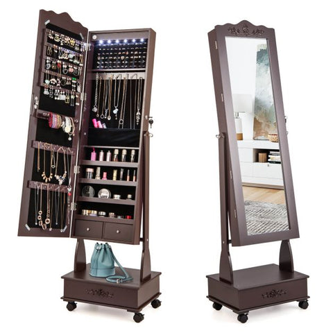 Moveable Standing Jewellery Mirror with Storages, Lock and LED Lights