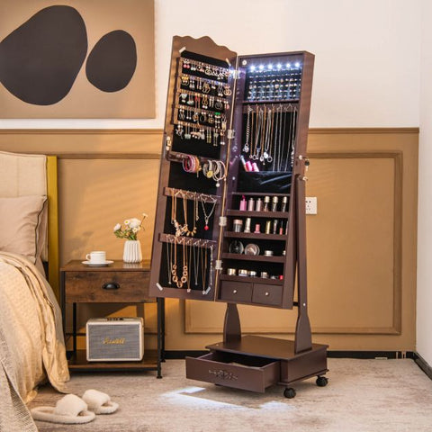 Moveable Standing Jewellery Mirror with Storages, Lock and LED Lights