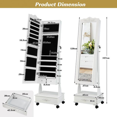 Moveable Standing Jewellery Mirror with Storages, Lock and LED Lights