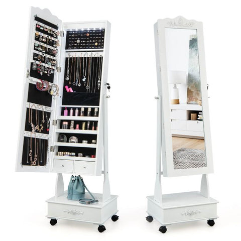 Moveable Standing Jewellery Mirror with Storages, Lock and LED Lights