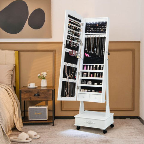 Moveable Standing Jewellery Mirror with Storages, Lock and LED Lights