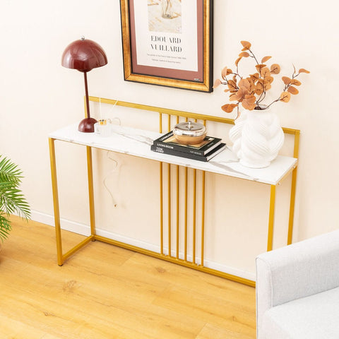 Simple and Elegant Entryway Table with Gold Frame and Faux Marble Table Top