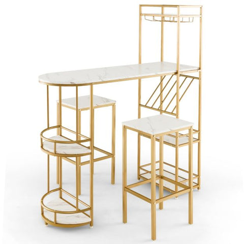 Champagne Home Bar Sets with Wine Rack, Glass Holder and Shelves in Marble White and Gold