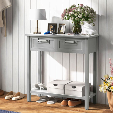 Retro Narrow Entryway Table with Drawers and Extra Storage Shelf