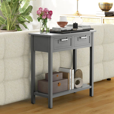 Retro Narrow Entryway Table with Drawers and Extra Storage Shelf