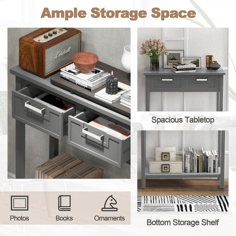 Retro Narrow Entryway Table with Drawers and Extra Storage Shelf