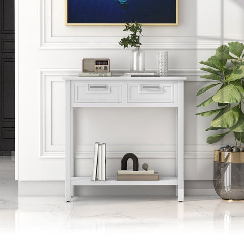 Retro Narrow Entryway Table with Drawers and Extra Storage Shelf