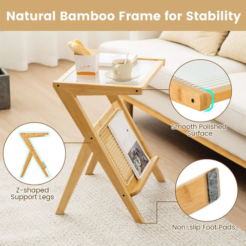 Compact Wood Side Table with Bamboo Frame and Tempered Glass Top