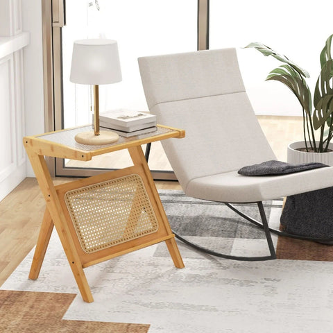 Compact Wood Side Table with Bamboo Frame and Tempered Glass Top