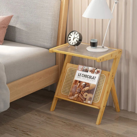 Compact Wood Side Table with Bamboo Frame and Tempered Glass Top