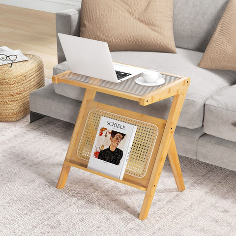 Compact Wood Side Table with Bamboo Frame and Tempered Glass Top