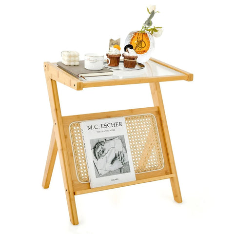 Compact Wood Side Table with Bamboo Frame and Tempered Glass Top