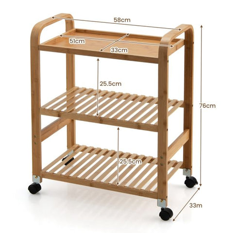 3-Tier Bamboo Rolling Storage Cart with Locking Casters-Natural