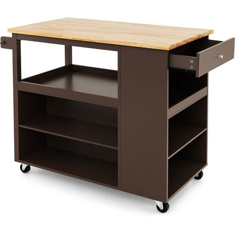 Rugged and Simple Kitchen Island Cart with Lockable Casters and Rubber Wood Top