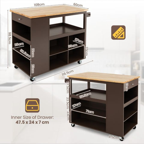 Rugged and Simple Kitchen Island Cart with Lockable Casters and Rubber Wood Top