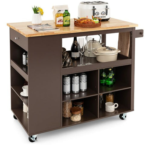 Rugged and Simple Kitchen Island Cart with Lockable Casters and Rubber Wood Top