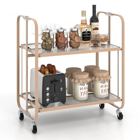 Compact Mobile Storage Cart with Foldable Feature and Tempered Glass Shelf in Gold