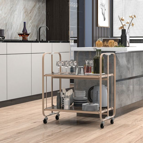Compact Mobile Storage Cart with Foldable Feature and Tempered Glass Shelf in Gold