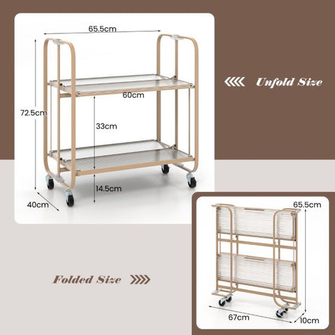 Compact Mobile Storage Cart with Foldable Feature and Tempered Glass Shelf in Gold