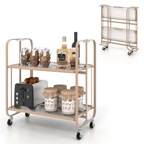 Compact Mobile Storage Cart with Foldable Feature and Tempered Glass Shelf in Gold