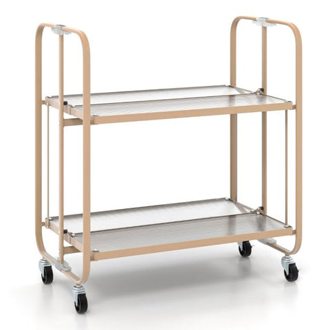 Compact Mobile Storage Cart with Foldable Feature and Tempered Glass Shelf in Gold
