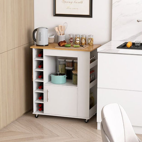 Minimalistic and Neat Kitchen Island with Wheels and Ample Storage Space in White